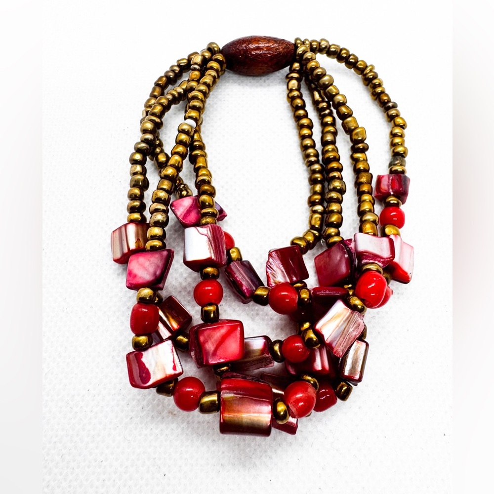 Artisan Beaded & Shell Costume Jewelry Coral NWT Necklace Bracelet Earrings Set - Picture 7 of 9